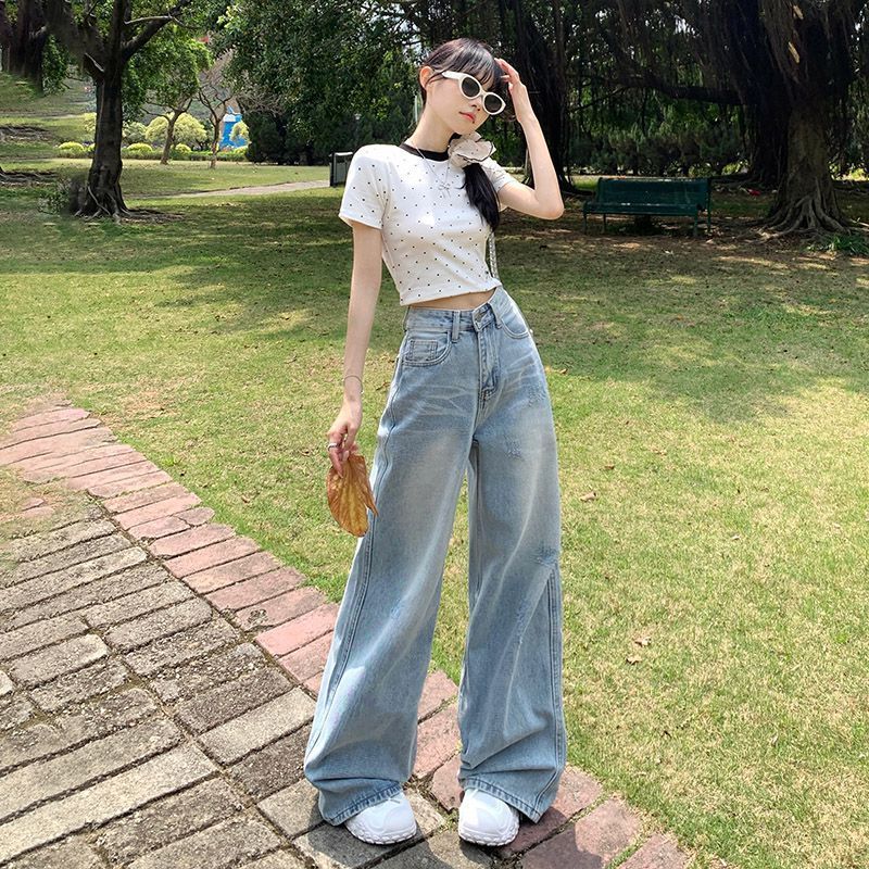 กางเกงยีนส์ขายาว jinn jeans จัดส่งฟรีขายส่งสไตล์อเมริกันย้อนยุคหลวมขากว้างกางเกงเดรปเอวสูงทุกการแข่ง