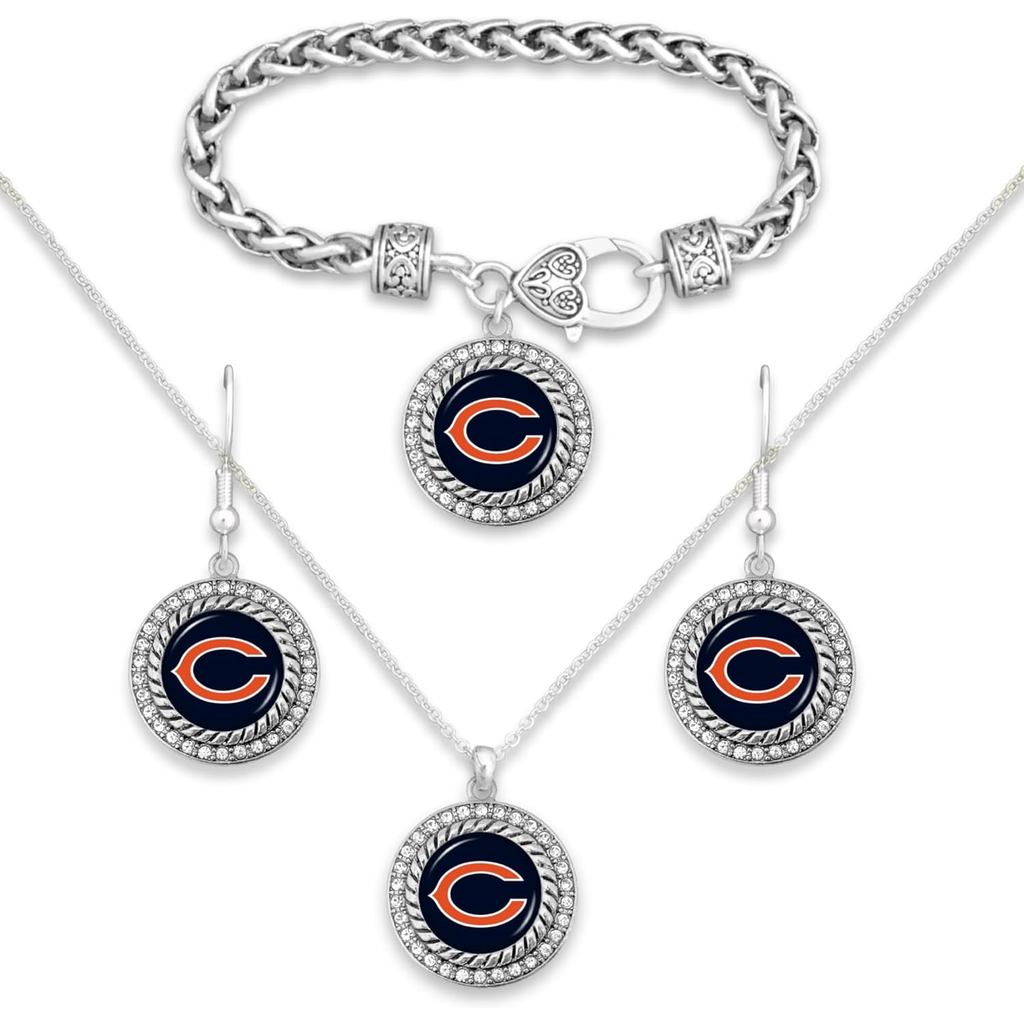 SDFGHJKL;ชุดเครื่องประดับ NFL 3 ชิ้น - สร้อยคอกับสร้อยข้อมือและต่างหู มีลายเซ็น NFL และRhinestonesเง