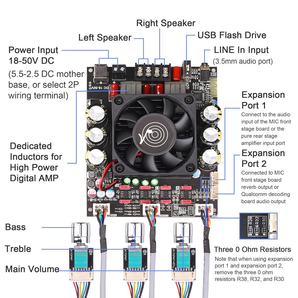 ZK-3002T 300W+300W Bluetooth Digital Amplifier Board TPA3255 Chip 2.0 Channel with Treble and Bass A