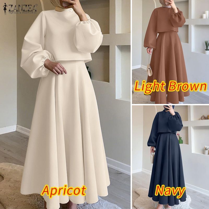 ZANZEA สตรีมุสลิมหรูหราลูกเรือคอโคมไฟแขนตัดเอวสูง A-Line ชุดสองชิ้น - รูปที่ 2