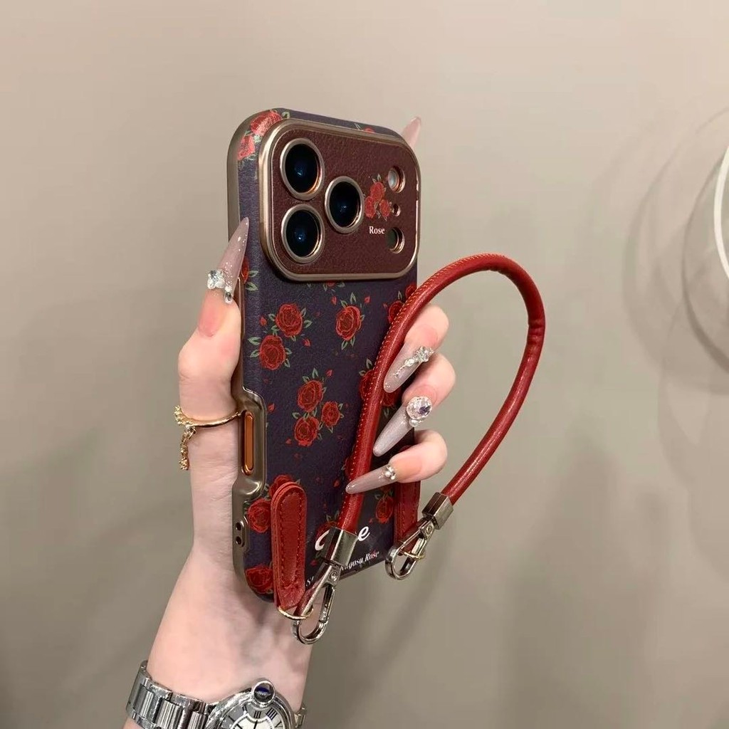 หรูหรา Retro Red Rose หน้าต่างขนาดใหญ่เคสโทรศัพท์สําหรับ iPhone17 16 15 14 Pro Max กันกระแทกกล้องป้องกัน Drop-proof นุ่มปกหลัง