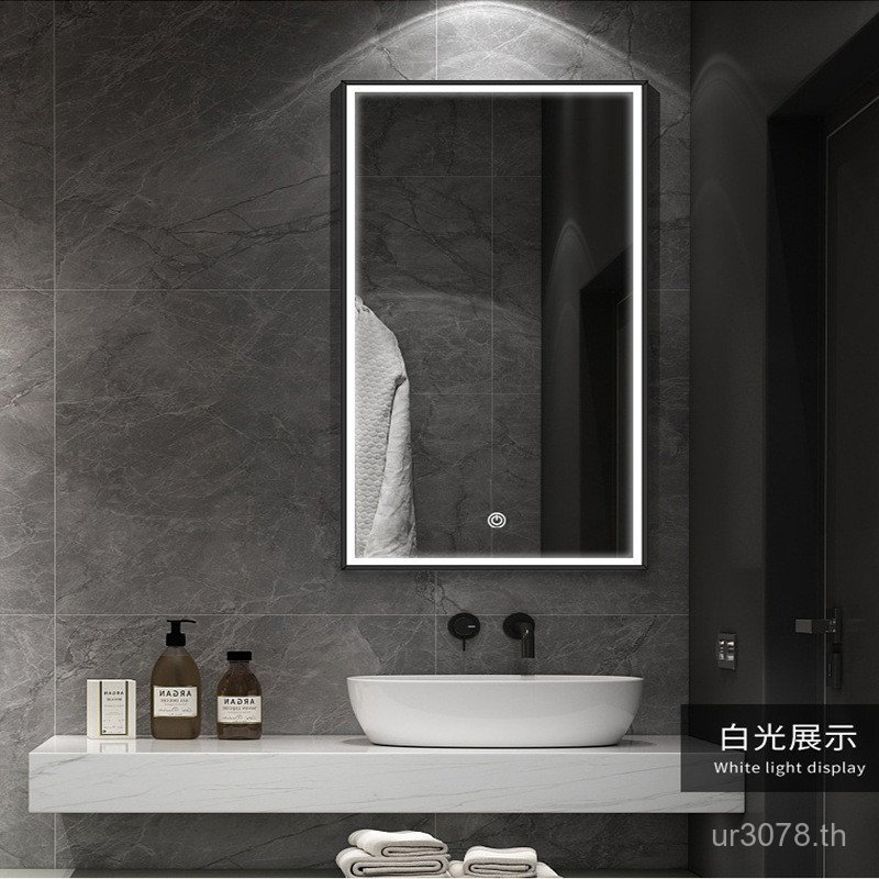 กระจกสีดําส่องสว่างสมาร์ทกระจกโคมไฟกระจก LED สแควร์อลูมิเนียมห้องน้ํา Anti-Fog Hairdressing Shop ห้อ