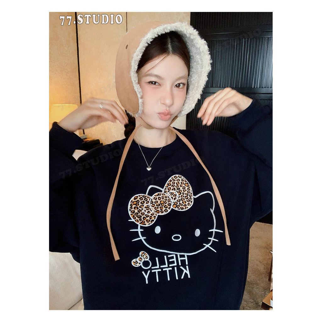 COD! ส่งจากกรุงเทพ 🚚 เสื้อยืด Oversize แขนยาว ลายเสือดาวเกาหลี KT 🐆 เสื้อฮูดอบอุ่น ห้องแอร์พิเศษ เสื้อผ้า สตรี