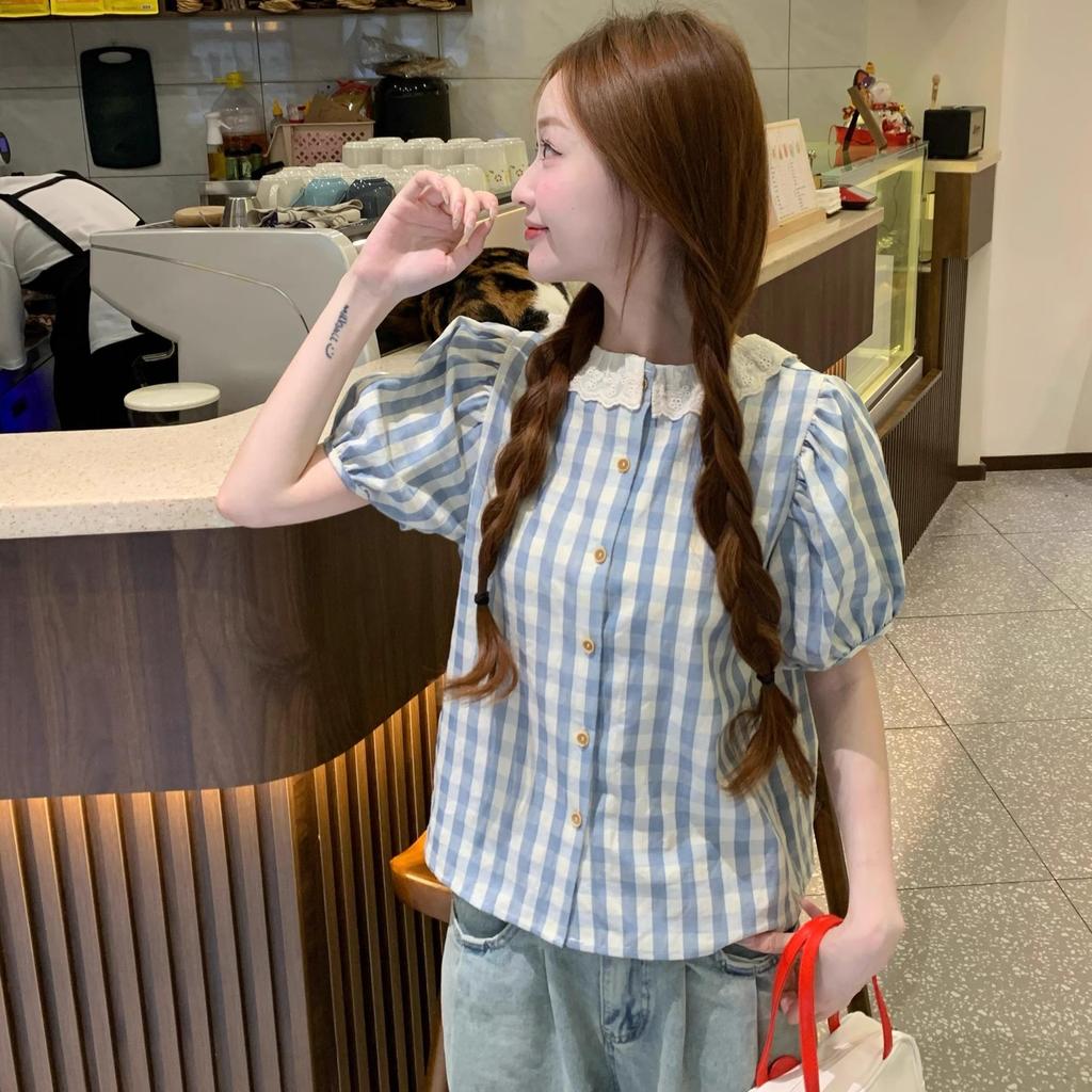 Red Berryเสื้อเบลาส์แขนพองลายสก็อตฤดูใบไม้ร่วงสำหรับผู้หญิ รูปที่ 8