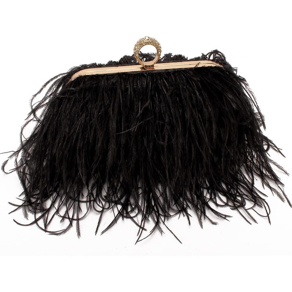 Women Real Natural Ostrich Feather Evening Bags Purses Clutch Vintage Banquet Handbag