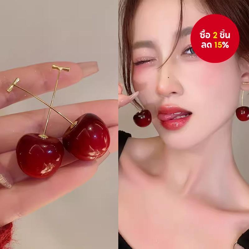 ต่างหูเชอร์รี่สีแดงสไตล์เกาหลีสําหรับผู้หญิง-ต่างหูห้อยยาวหรูหราสําหรับงานเลี้ยงหวานและเก๋