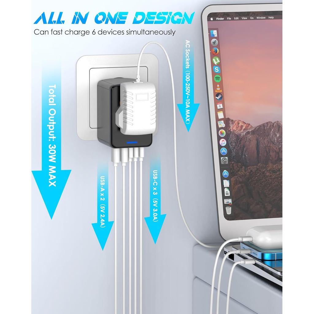 Universal Travel Adapter, 6.0A 30W 5 USB C/A Ports + AC Outlets International Power Adapter for All 