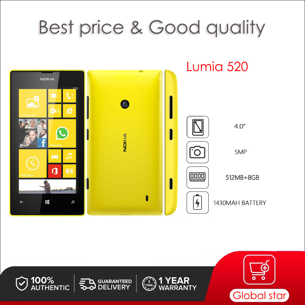 โทรศัพท์มือถือบลูทูธ Nokias Lumia 520 ดั้งเดิม 5MP 512MB 4.0" WIFI 512MB+8GB