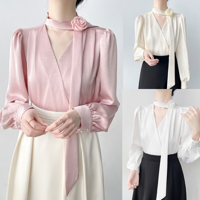 Dahong 99265  เสื้อริบบิ้นตรากุหลาบเก๋สไตล์ฝรั่งเศสสํานักงานคอมมuteคอวีแขนยาวด้านบน เสื้อเชิ้ตแขนยาว ผ้าซาติน  ผ้าดี