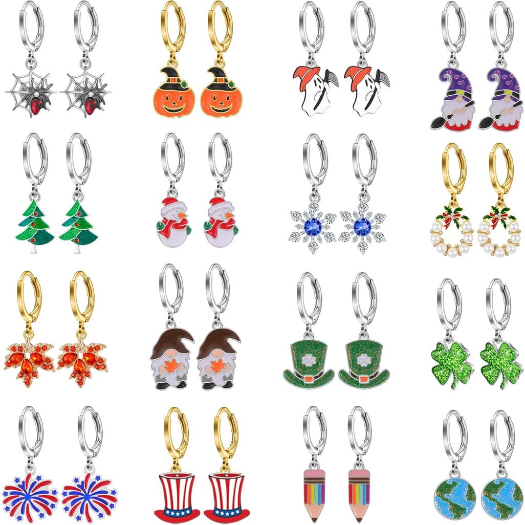 16 Pairs Hypoallergenic Holiday Small Hoop Dangle Earrings for Women Halloween Christmas Earrings fo