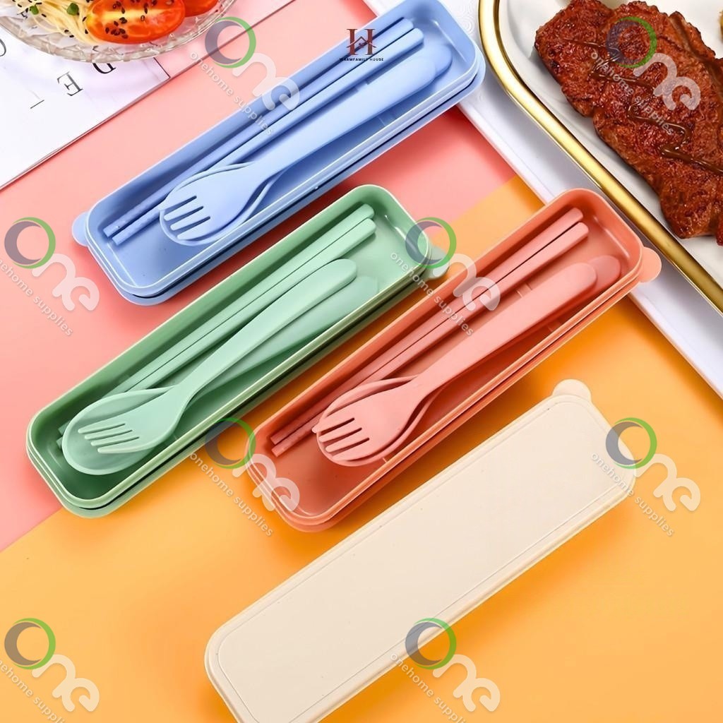 ชุดกล่องช้อน+ส้อม+ตะเกียบฟางข้าวสาลี พร้อมกล่องใส่แบบพกพา ปลอดภัย Spoon Fork Set เครื่องใช้บนโต๊ะอาหาร ชุดช้อนส้อม