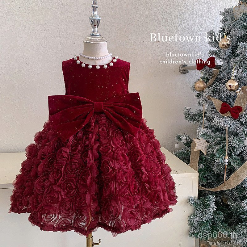 New Year Dress for Girls Winter Children's Velvet Dress Vest Dress Baby Stylish Fleece Red Princess 
