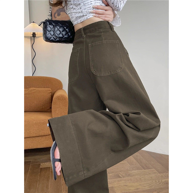 jinn jeans กางเกงยีนส์ขายาว กางเกงยีนส์ขากว้างเอวสูงผู้หญิงฤดูใบไม้ร่วงรูปลูกแพร์ปกปิดสะโพกหลวมและดู