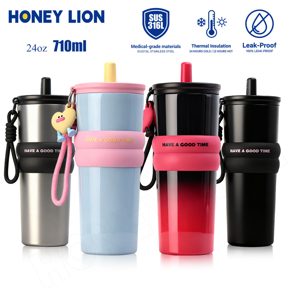 HoneyLion กระติกน้ำ สแตนเลส 316 710ml เก็บอุณหภูมิ 12ชม. – กันรั่ว ปลอดภัย มีหลอด ใช้ในรถและออฟฟิศ