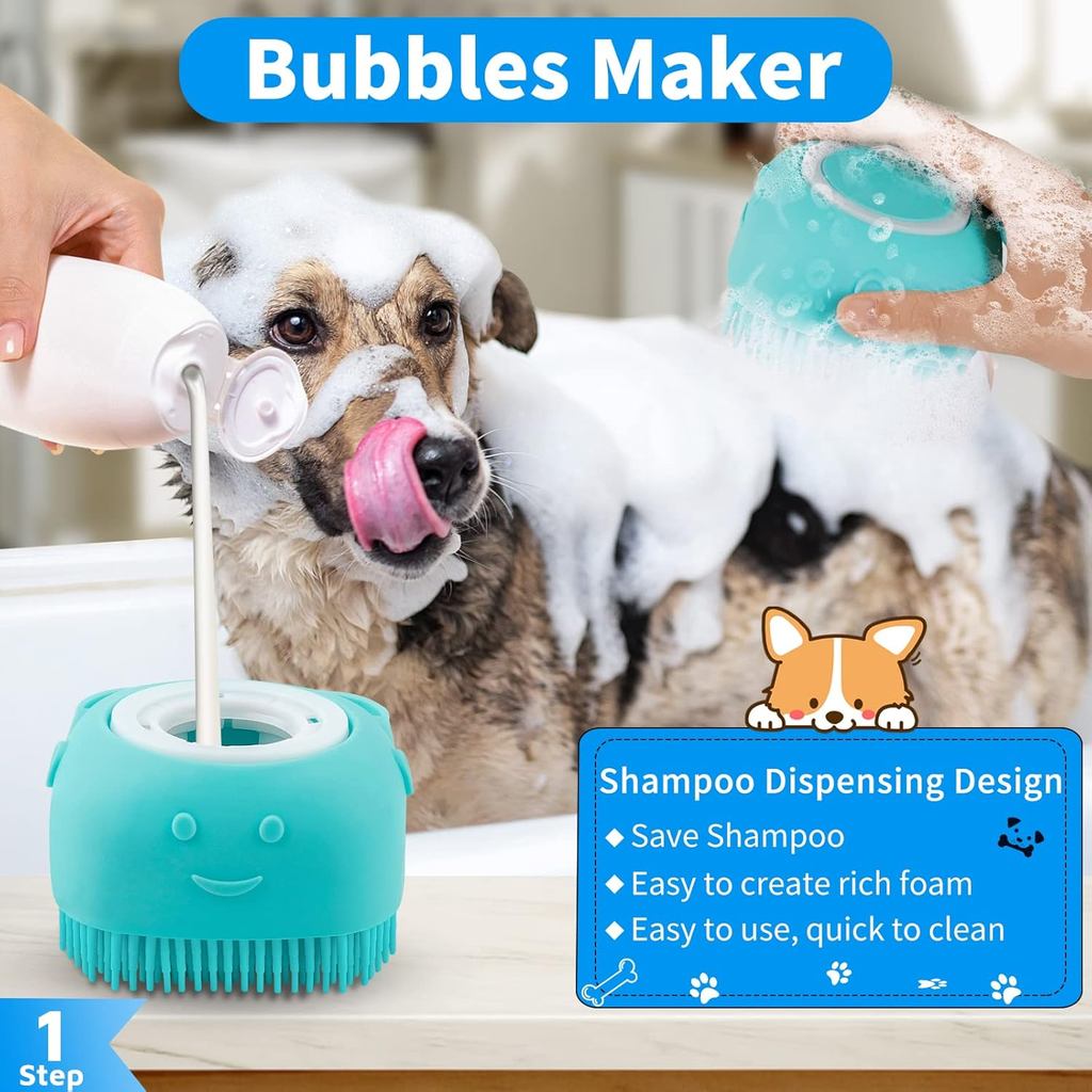Comotech 6PCS Dog Bath Brush & Dog Toothbrush | Adjustable Handle Shampoo Brush & Scrubber for Short