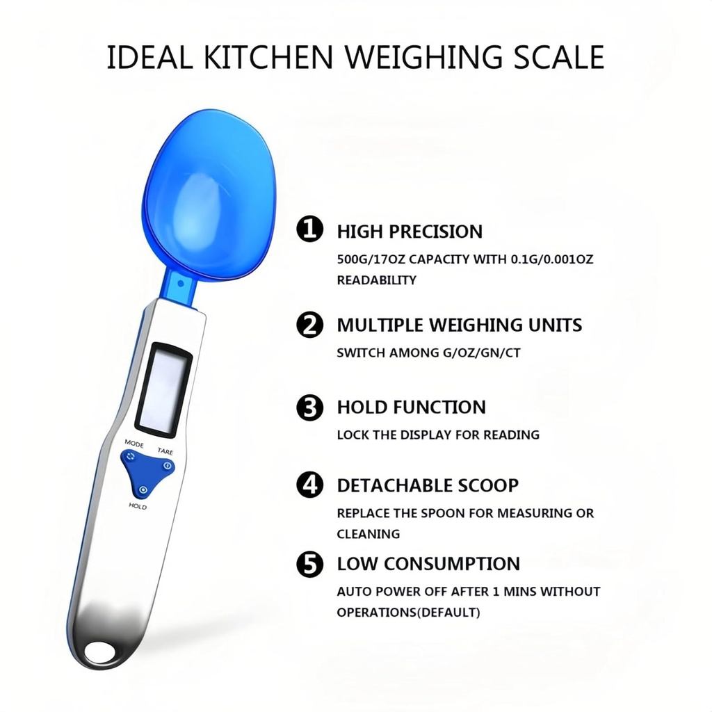 Yoidesu Digital Kitchen Scale, Electronic Gram Measuring Spoon, 500g/0.1g Blue Cute Digital Weight S