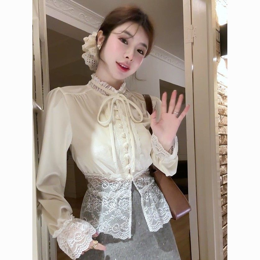 GJ+French Base Lace+Stitching Chic Shirt+Bubble Flared Top