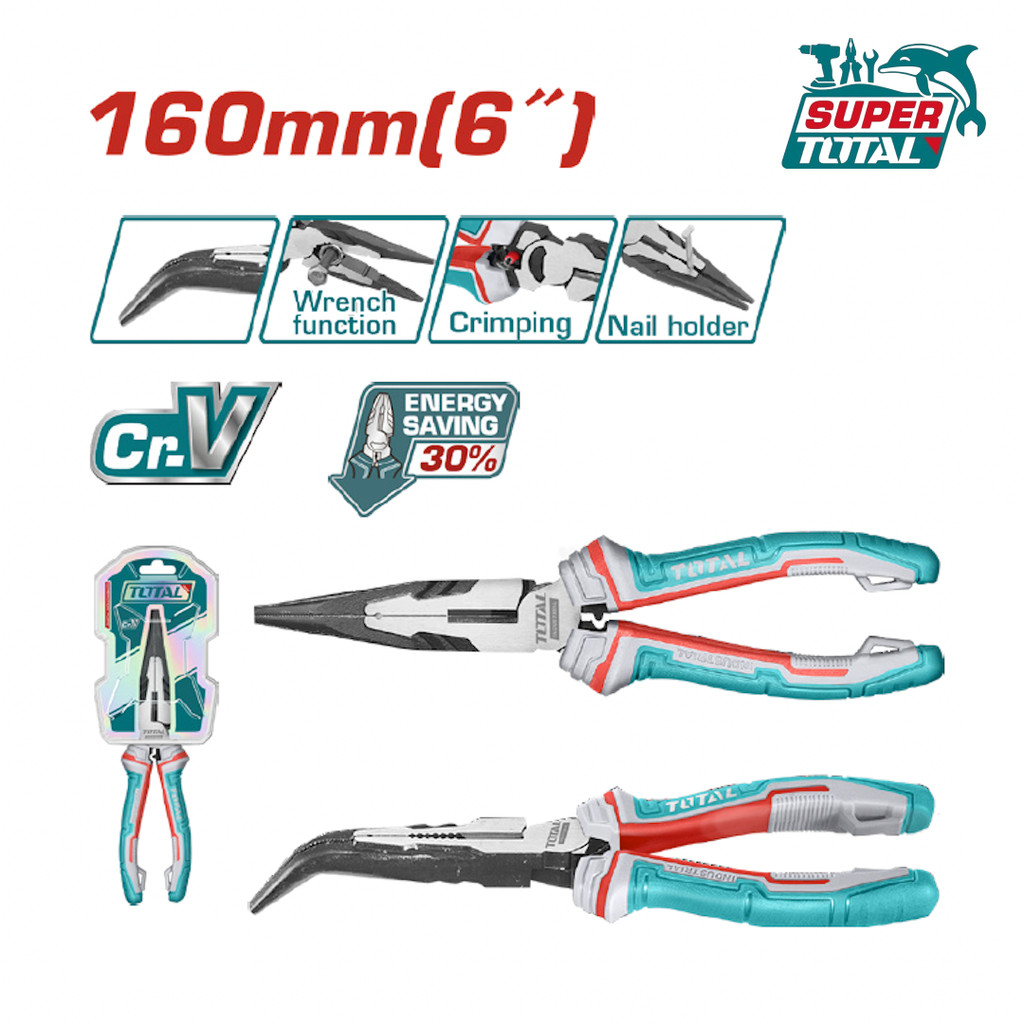 [ TOTAL ] (THT24616S) คีมจมูกงอสูง 160 มม. ความยาว Cr-V Jaws