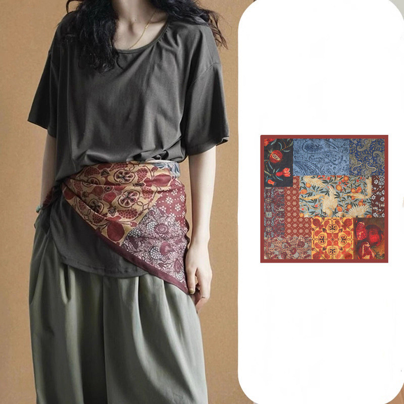 ผ้าพันคอกลมทรงศิลป์ Retro ออกแบบเหมือนภาพวาดน้ำมัน ผลิตจากผ้าฝ้ายไหม สไตล์ vintage เหมาะสำหรับสวมใส่