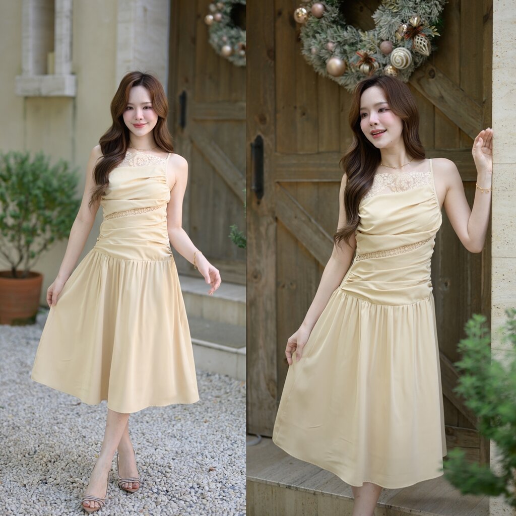 Elise Draped Lace Midi Dress : สีเบจ Made by Pastel Time]