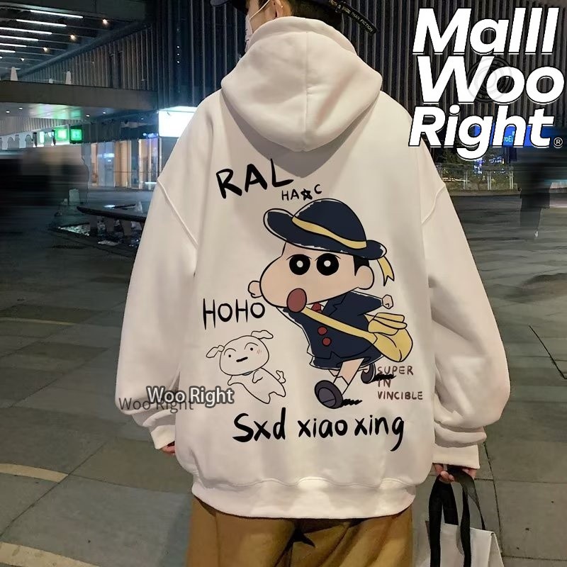 จัดส่งตลอด 24 ชั่วโมง WR Oversized เสื้อกันหนาวแขนยาว มีฮู้ด ผ้ากํามะหยี่ พิมพ์ลายการ์ตูนชินจัง แฟชั่นฤดูใบไม้ร่วง