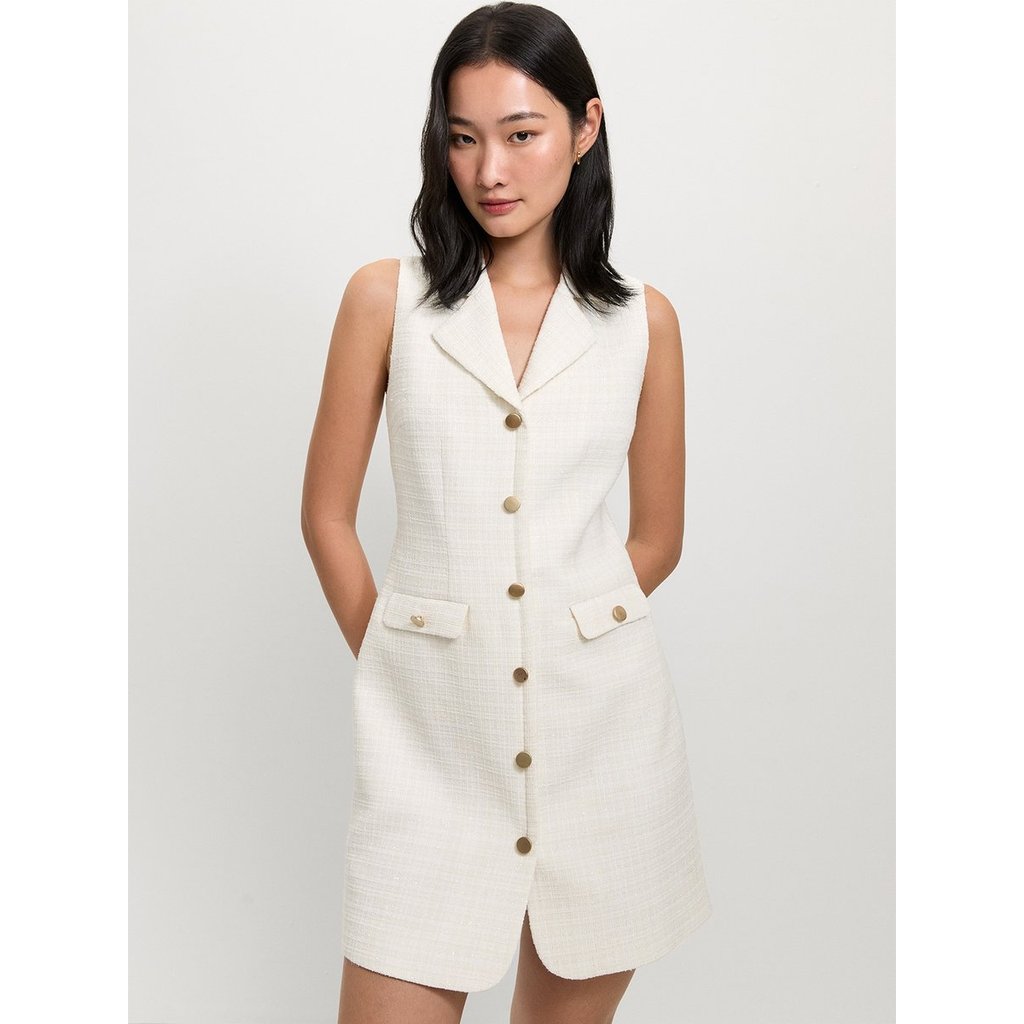 [Pomelo] เดรสทวีตคอปก - สี Off / Tweed Collared Dress- Off