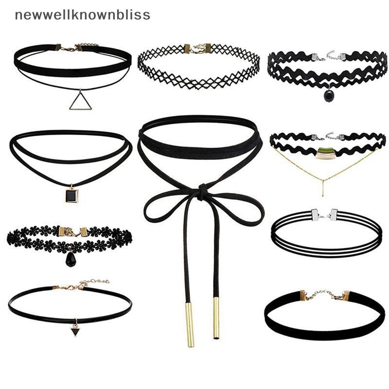 ใหม่wellknownbliss 10 ชิ้นสร้อยคอ Choker สีดําคลาสสิกกํามะหยี่ยืด Gothic Tattoo สร้อยคอ CCD