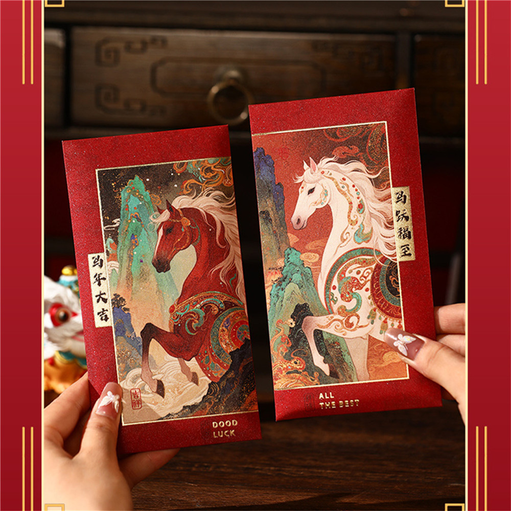 ซองใส่เงินปีใหม่ 6 ชิ้น คละแบบ ลายม้าแดง ซองใส่เงินแบบหนาดั้งเดิม TH - รูปที่ 6