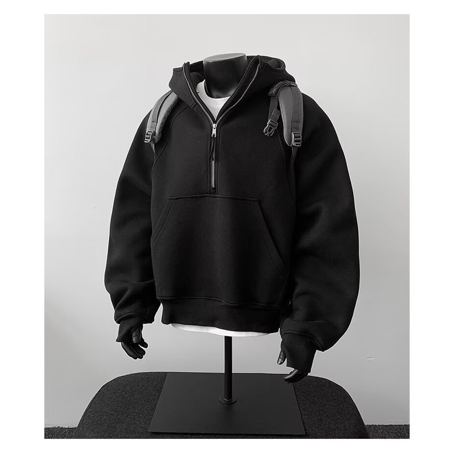 American Style Heavy Rigid Vertical Collar Half Zipper Hooded Sweatshirt Men's Autumn and Winter Nic