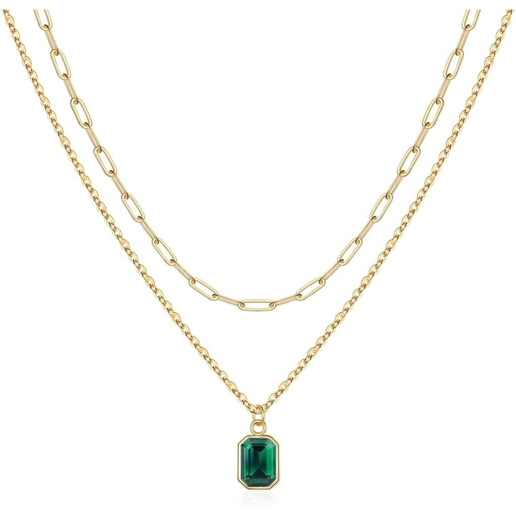 Layered Birthstone สร้อยคอผู้หญิงสาว, 14K Gold-Plated Paperclip Chain Choker สร้อยคอสี่เหลี่ยมผืนผ้า