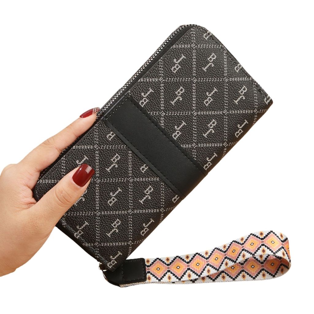 Evelyn WA1225B5 Womens Long Wallet สีดํา Elegant Leather Motif 2 Premium Zippers Complete Slots