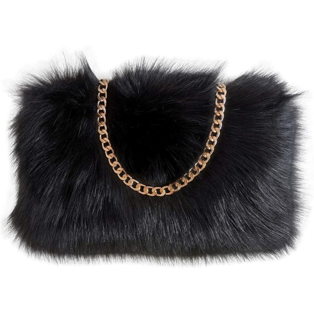 FHQHTH Faux Fox Fur Purse Fuzzy Handbags for Women Evening Handbags Al alloy Shoulder Strap