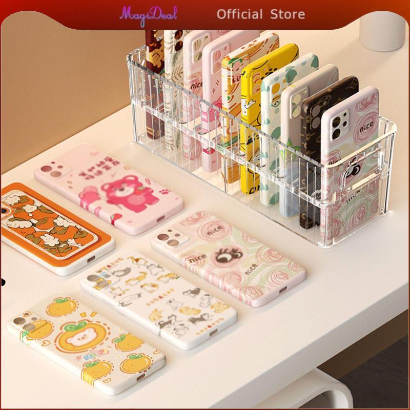 MagiDeal Clear Phone Case Organizer เปิดด้านหน้ารูปสี่เหลี่ยมผืนผ้า Modern Desk Storage Box