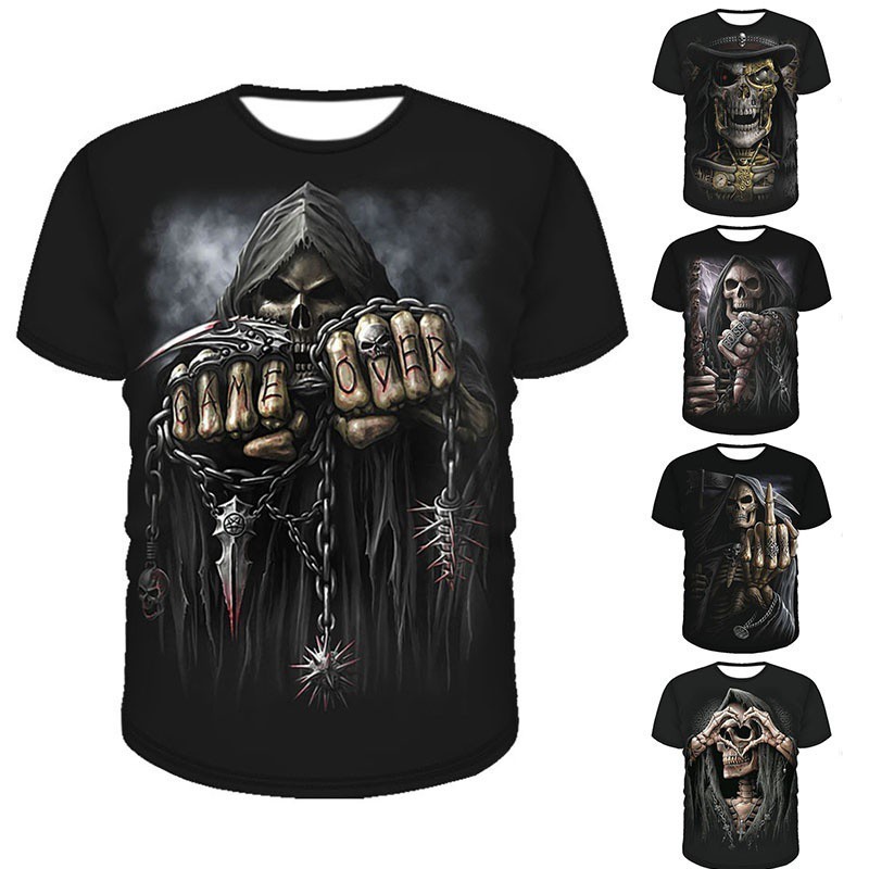 แฟชั่นผู้ชาย Skull พิมพ์ 3D T เสื้อแขนสั้น O-คอตลก Gothic Death God Tops