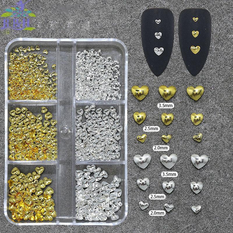 B&H พ.ย. 6Grids 3D โลหะหัวใจเล็บ Charms Gold/Silver Starlight Rivets เล็บตกแต่ง Y2K อุปกรณ์ทําเล็บอะ