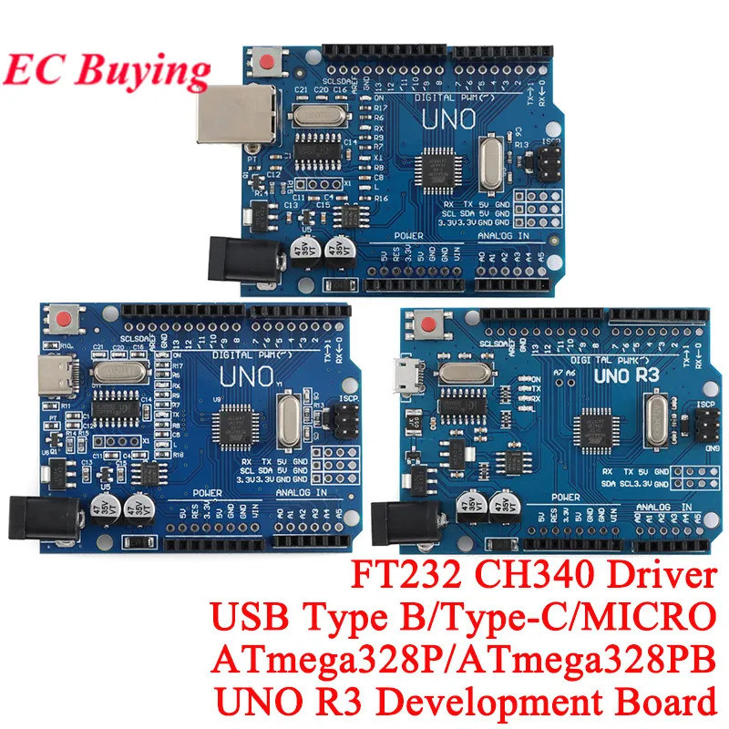 UNO R3 บอร์ดพัฒนา ATmega328P/ATmega328PB ATmega328 328 MCU FT232 CH340G โมดูล USB ประเภท B/Type-C/MI