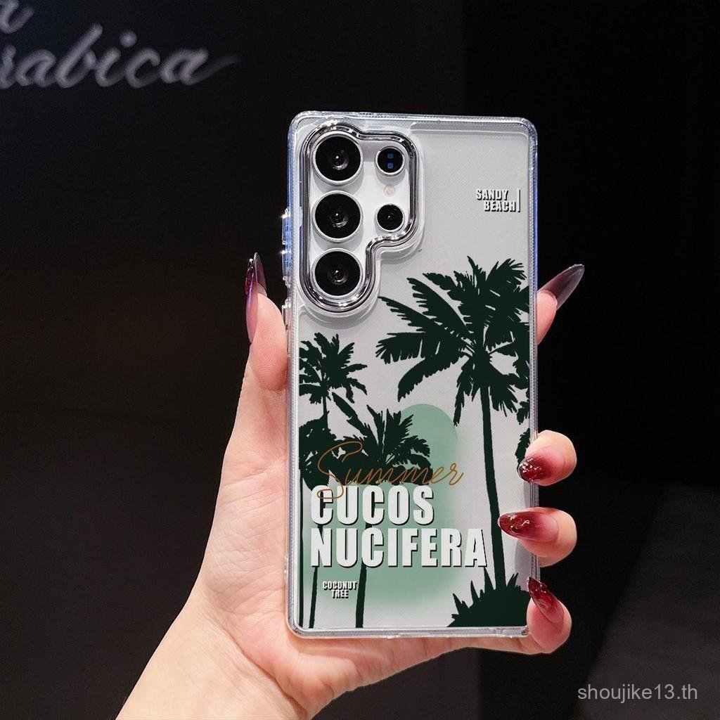 SAMSUNG โลหะโปร่งใสกล้องเคสโทรศัพท์มะพร้าวต้นไม้รูปแบบการ์ตูนภาษาอังกฤษสําหรับSamsung A30 A33 A21S A