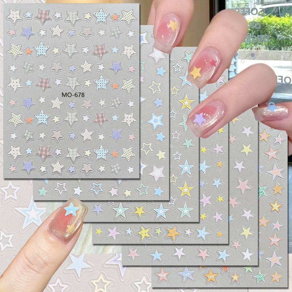 3/6/12 แผ่น 5D Star Nail Art สติกเกอร์ลายสก๊อตพาสเทลดาว Holographic นูน Self-Adhesive เล็บ Decals สําหรับน่ารัก DIY