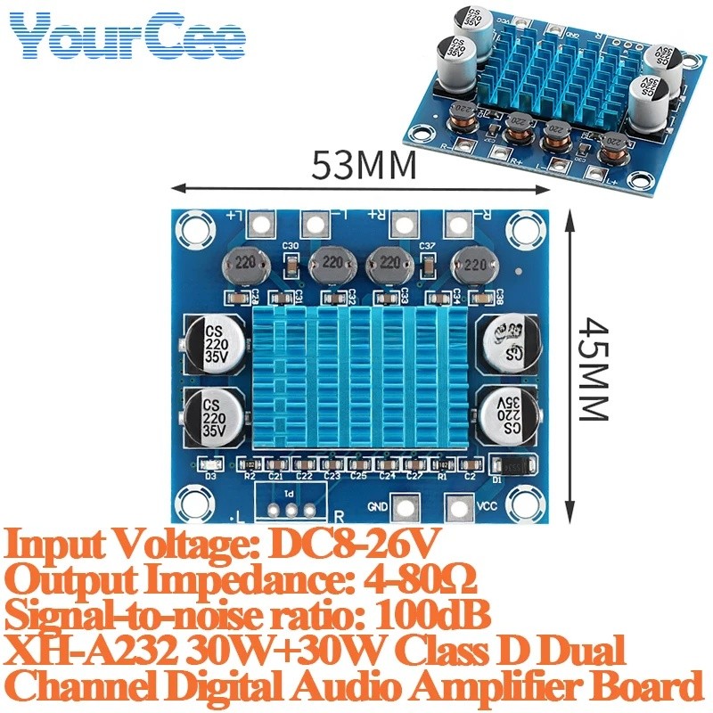 XH-A232 30W + 30W Class D Dual Channel เครื่องขยายเสียงดิจิตอล DC8-26V 100dB ลําโพงเล่นเสียงโมดูลเคร