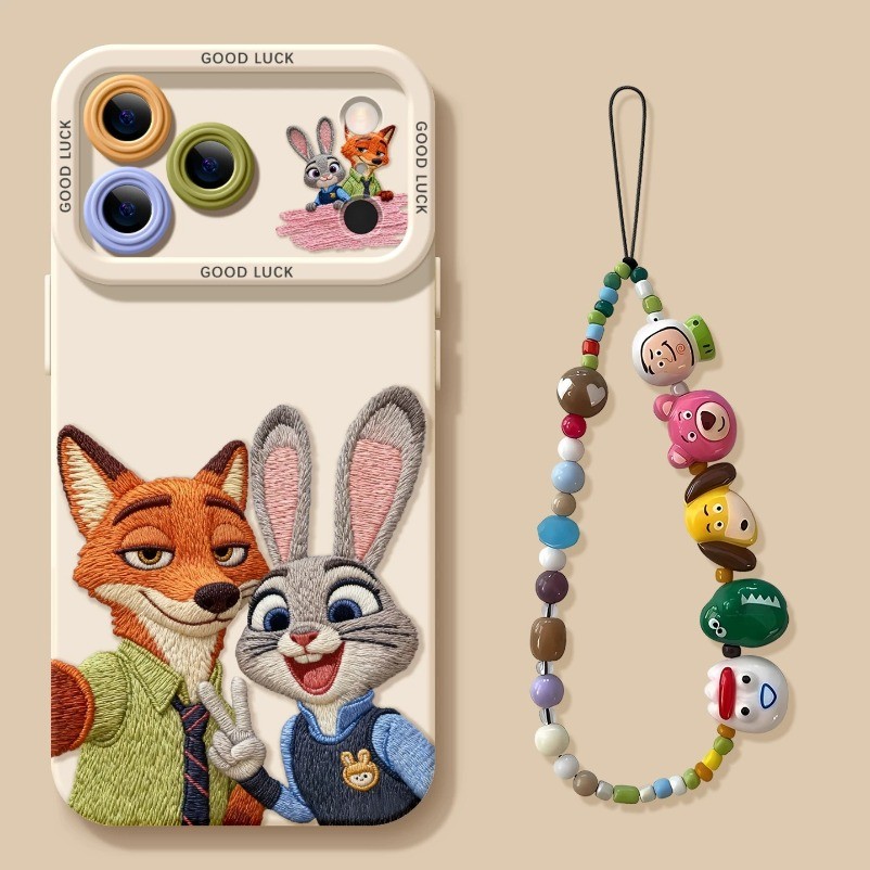 คู่น่ารัก Happy Fox Rabbit + Lanyard เคสโทรศัพท์สําหรับ iPhone 17 16 15 14 13 12 11 Pro Max X Xr Xs Max 7 8 Plus SE2020