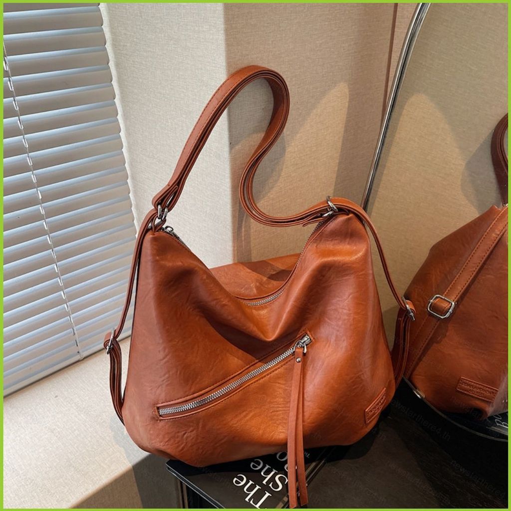 NS4 Retro จีบสีทึบกระเป๋าหนังสําหรับผู้หญิงสไตล์ขนาดใหญ่ความจุกระเป๋าเป้สะพายหลัง SN4