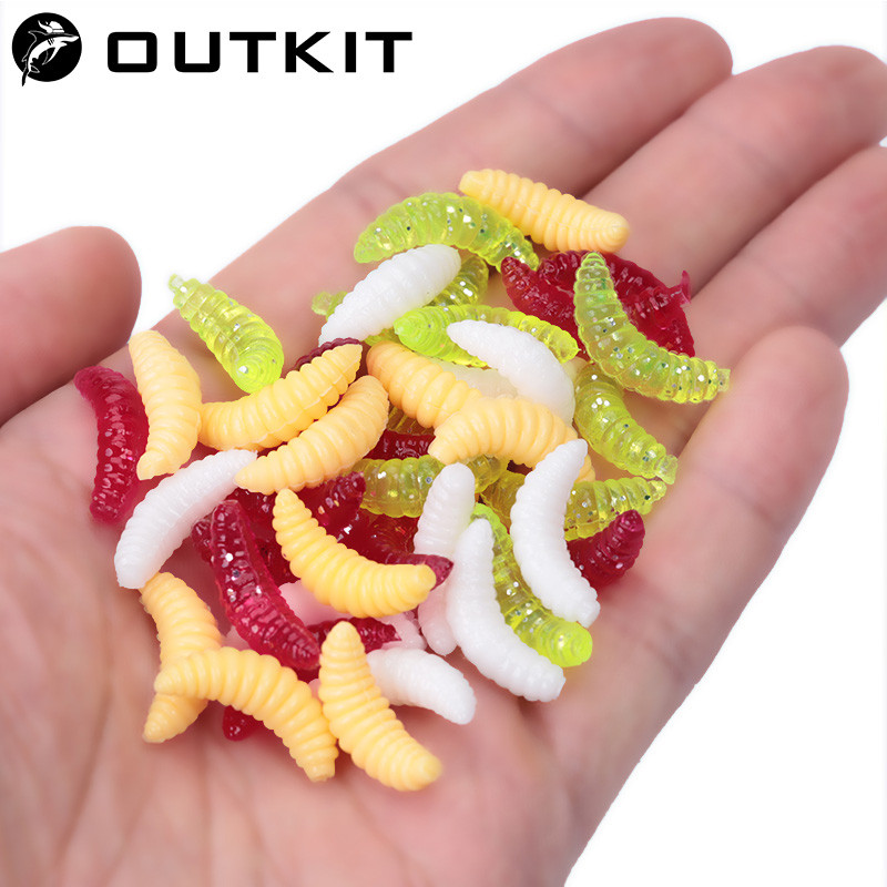 OUTKIT ใหม่ ชุดเหยื่อตกปลา 50 ชิ้น ขนาด 2 ซม. 0.4 กรัม รวมหนอนขนมปังปลอม หนอนสีแดง และไส้เดือน