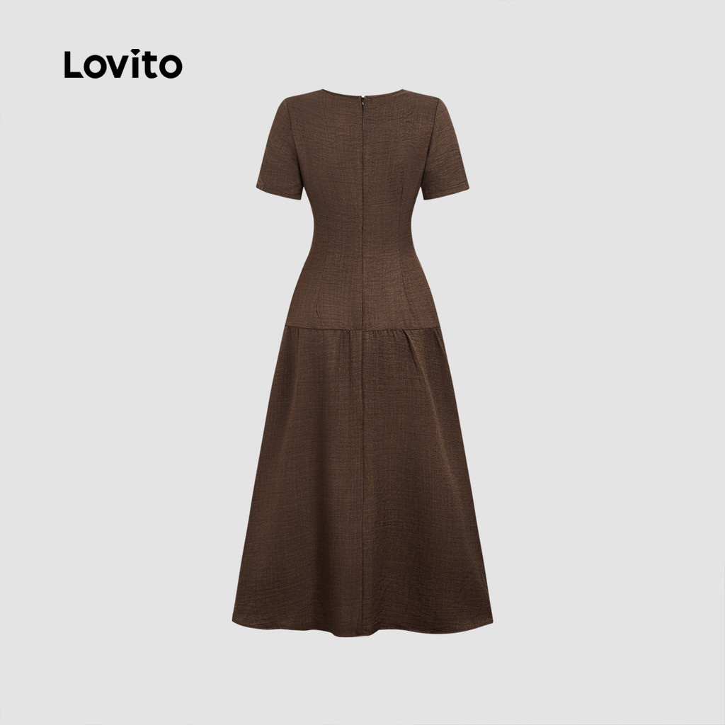 Lovito ชุดเดรสผู้หญิงสีน้ําตาลมอคค่า สไตล์หรูหรา กระดุมหน้า สําหรับฤดูใบไม้ผลิ ฤดูร้อน L165ED156 ราคา ถูกที่สุด ดีลบีเคเค แกลเลอรีภาพที่ 4