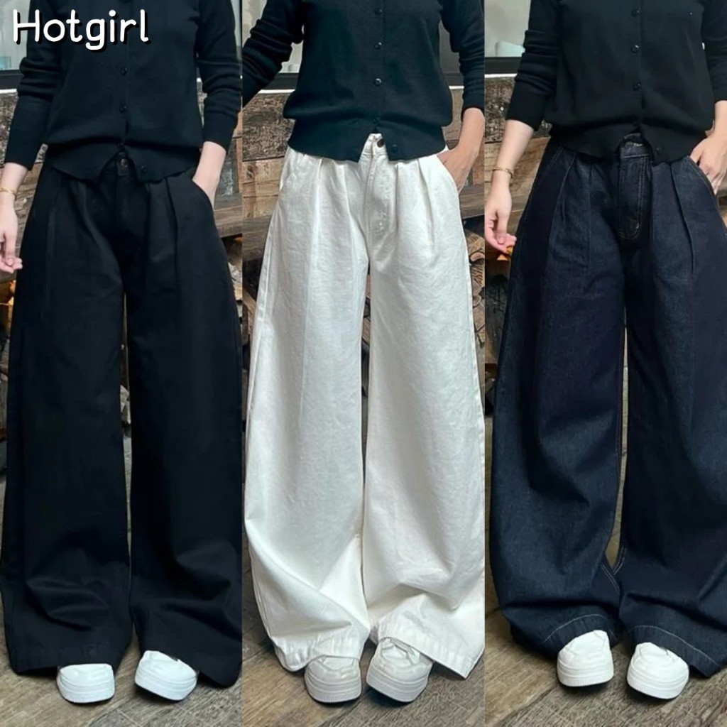 Hotgirl พร้อมส่ง กางเกงยีนส์ขากว้างแฟชั่นสำหรับผู้หญิง S-2XL มีจีบแนวตั้ง สไตล์เกาหลีเรียบง่าย – โปรปัง