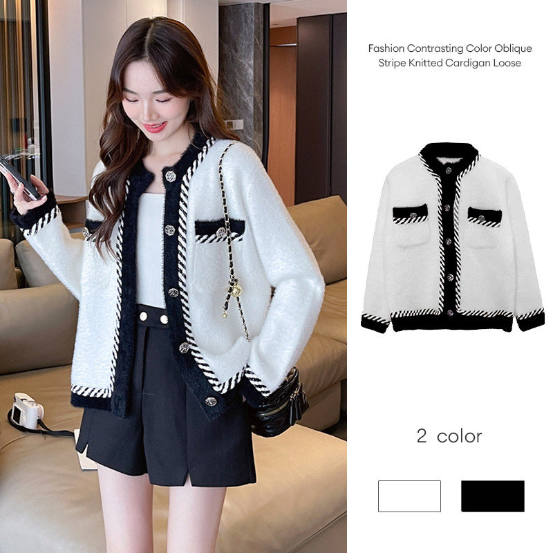 แฟชั่นสีตัดกันเฉียงลายถักคาร์ดิแกนหลวมด้านบนเสื้ออารมณ์รอบคอ JD