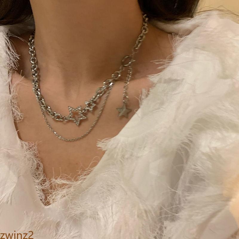 Zwinz2 Zircon Star Layered พู่สร้อยคอ Choker Y2k เครื่องประดับสําหรับผู้หญิงแฟชั่นเงินสี Zircon Char