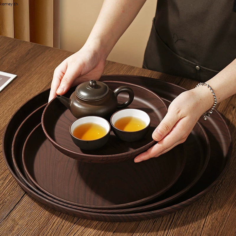 Komey.thFashion Wood Grain Round Tray จานขนมหนา Simple Light Luxury Storage Plate