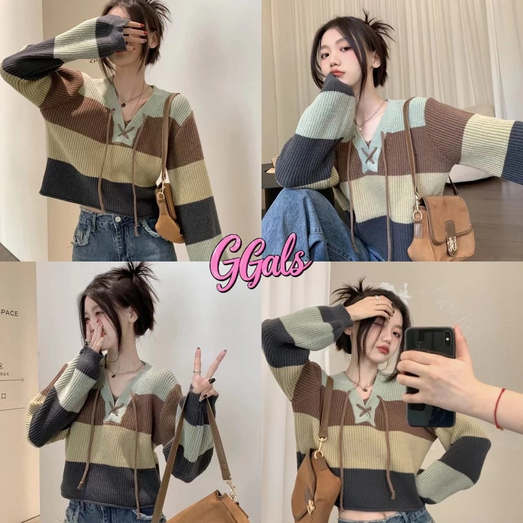 🌲GGals🌲​เสื้อไหมพรม แขนยาว คอวี ลายทางใหญ่หลายสี สเวตเตอร์ ทรงหลวม กันหนาว เสื้อผ้าแฟชั่นผู้หญิง
