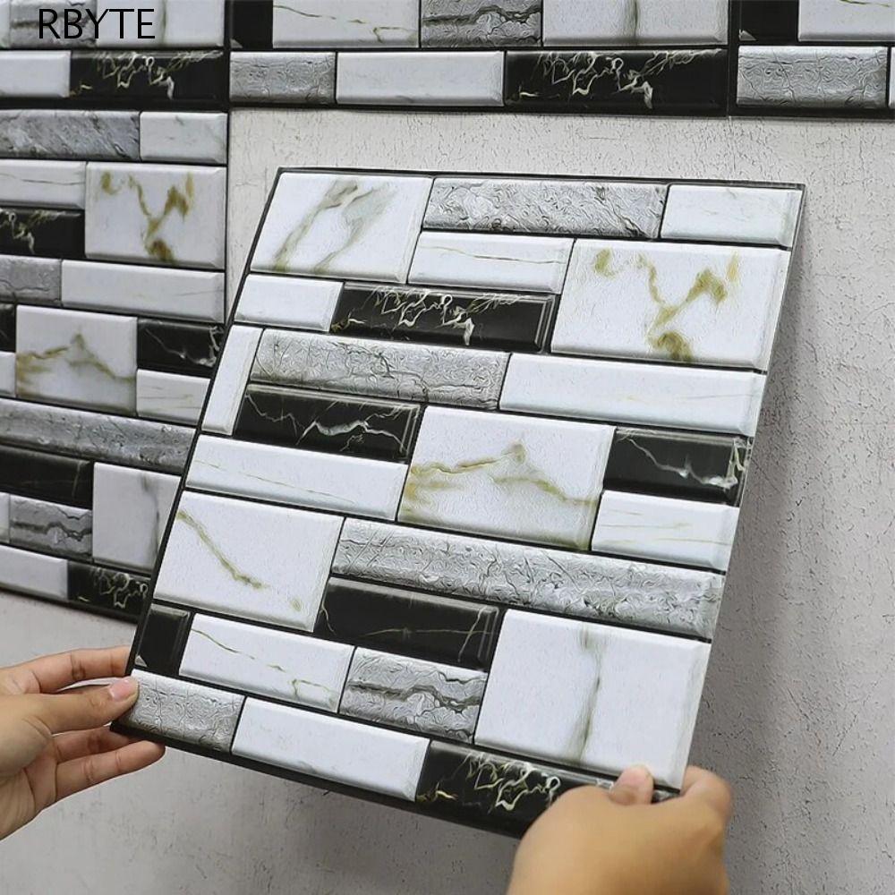 RBYTE กระเบื้องกาวตนเอง, หินเม็ดอิฐเลียนแบบ 3D สติ๊กเกอร์ติดผนังห้องครัว, Retro กันน้ํา Peel และ Stick ไม่จางหาย Cobblestone ​กระดานถ้วยครัวอิฐเลียนแบบ