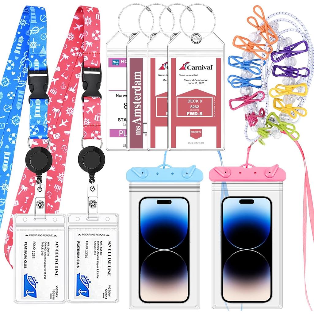 Cruise Ship Essentials 2025, 4 Cruise Luggage Tag Holders, 2 Retractable Cruise Lanyard, 2 Waterproo